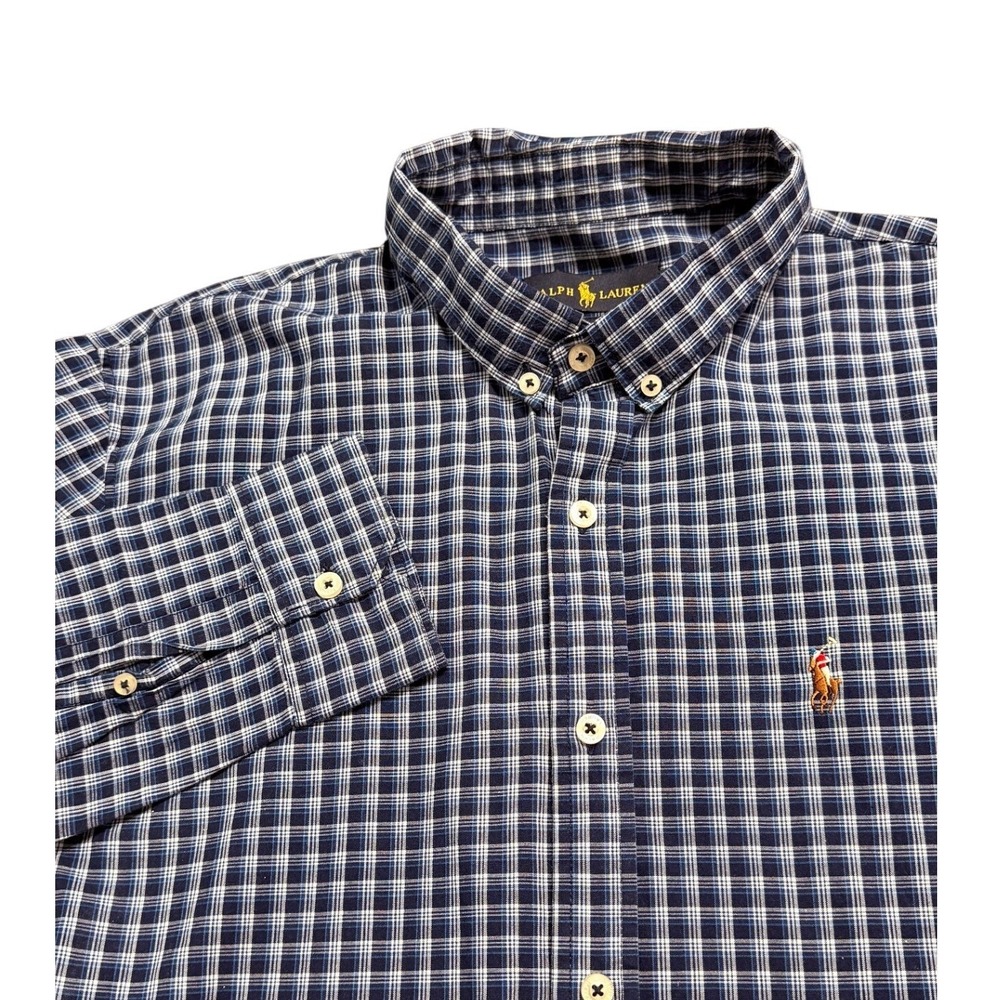 Ralph Lauren Mens XL Easy-Care Plaid Button Down Shirt Navy Blue White Preppy